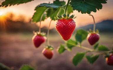 Strawberry branch on a blurred background of a field at sunset