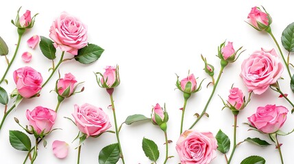 Rose flowers on white background with copy space for design, text. Top view of pink roses and rose buds.
 - Powered by Adobe