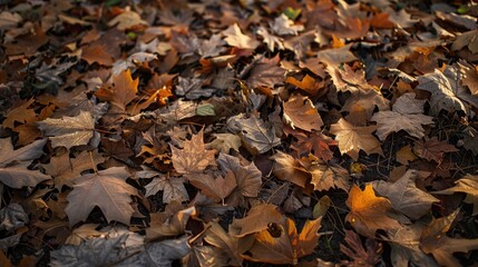 A ground full of dry leaves in an urban park with soft