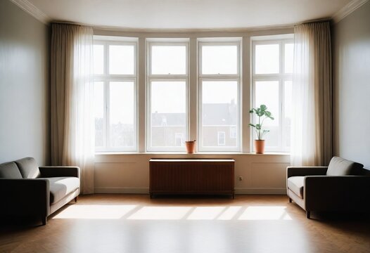 strict restrained interior of a residential apartment with sofa and a window in English style, Soviet style
