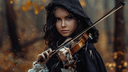 Fototapeta premium Mysterious woman wearing a black hood and playing the violin in the forest wallpaper AI generated image
