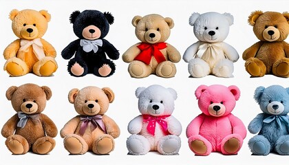 Set of fur plush stuffed teddy bear, black, white, brown, pink on transparent background