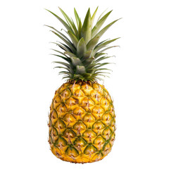 Fototapeta premium A whole pineapple with rough detailed skin and lush green leaves at the top isolated on a transparent background.