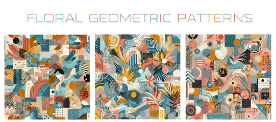 Seamless pattern with flowers and geometric shapes.