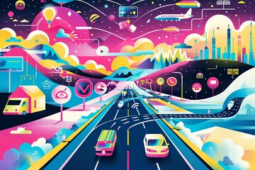 A colorful illustration depicting a futuristic city with advanced buildings, flying cars, and bustling streets. Generative AI