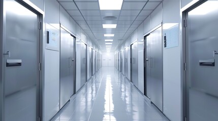 A look down the aisle of fridges in a clean white ward