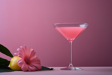 Stylish pink cocktail in a martini glass with a pink gerbera flower and lemon arrangement
