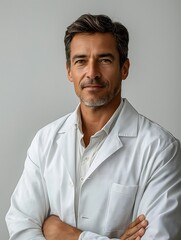 Ophthalmologist, male white, white doctor's clothing, smile,Top notch technology,the upper part of the body,Flat clothes, authority