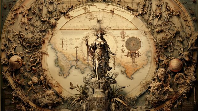 Intricate Ancient Roman Artistic Composition Featuring Classical Mythology and World Map