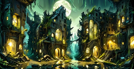 Gothic elven fantasy cyberpunk city palace under moon at night. Street view art nuevo post apocalyptic town ruins. Blue and yellow lighting landscape.