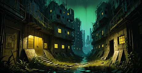 Abandoned gothic city wasteland at night. Street view post apocalyptic town ruins. Blue and yellow lighting.