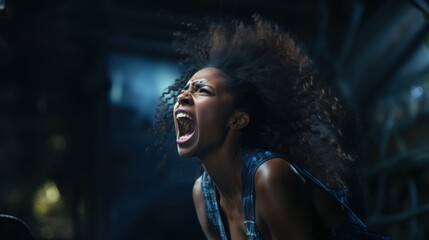 Frustrated African American Woman Screaming Amidst Dark Atmosphere