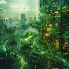 Conceptual Green Cityscape with Floating Eco-Gardens and Scales