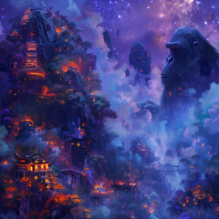 Mystical landscape of huge monkeys, neon light, dark fantasy, background