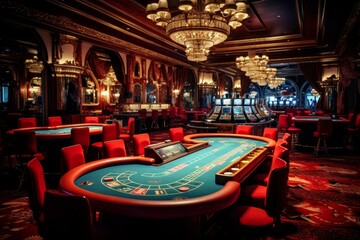 Elegantly decorated casino interior with card tables, crystal chandeliers, and slots