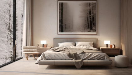 A modern bedroom with a large bed a picture of a snowy forest on the wall and a large window with a view of the snowy forest