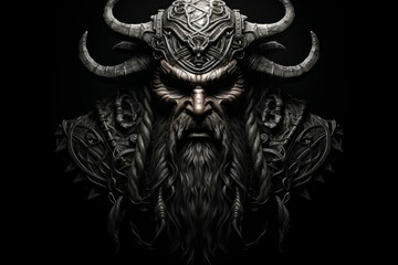 Menacing fantasy figure adorned with a detailed horned helmet and armor in a dramatic dark setting