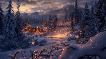A snow-covered landscape illuminated by the soft glow of lanterns with a cozy cabin nestled among...