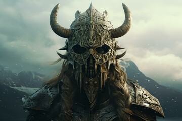 Enigmatic viking warrior clad in detailed armor, with a horned helmet, set against a moody mountainous landscape