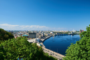 Top view of the Dnipro River and the architecture of Podol in the city of Kyiv. Postal square and river station. Urban landscape. Podol District
