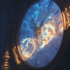 A Magical Hourglass: A Stunning Illustration of an Elaborate Fractal Frost Pattern on a Golden Clock