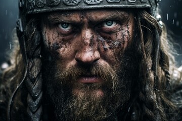 Close-up of a fierce viking warrior's face with raindrops, focusing on his intense gaze