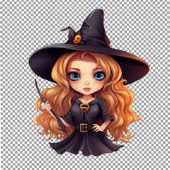 Cute cartoon witch girl in black hat with magic wand on White