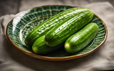 Crisp green cucumbers stacked on a ceramic plate, soft focus, natural kitchen setting