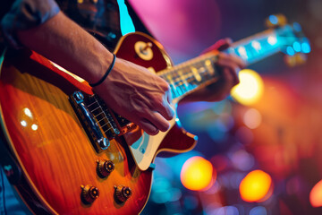 Naklejka premium Man playing electric guitar on stage with bokeh lights in the background