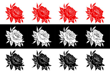 Rose silhouettes vector illustration icon design. Black buds and stems of roses stencils isolated on white, black and red background