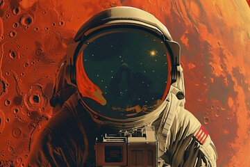 An astronaut is standing in front of Mars, the red planet, in a space exploration scene. Generative AI