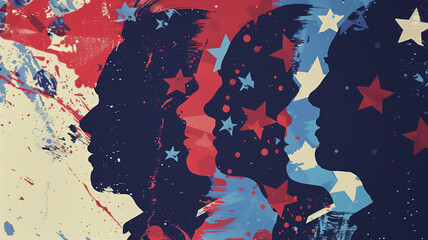 Illustration of mock presidential candidates in profile against a background of red, white and blue stars