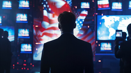 Politician in silhouette on election day against a backdrop of video screens showing various views of an American flag.