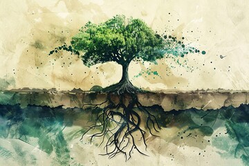 A colorful watercolor painting featuring a tree with visible roots in a vibrant and detailed style. Generative AI