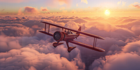 Biplano sopra le nuvole al tramonto.