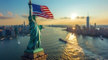 Independent Day of USA. Statue of liberty and american Flag Wave Close Up for Memorial Day or 4th of July