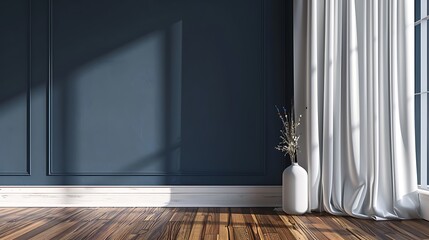 Modern interior with a dark blue wall and wooden floor, white curtains and a vase on the right side