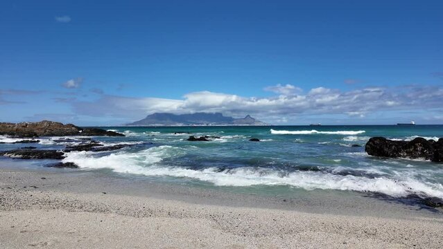 Bloubergstrand west coast South Africa.  19. 04. 2024. View of Cape Town and Table Mountain from the seaside resort of Bloubergstand   across Table Bay on the West Coast of South Africa.
