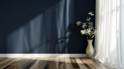 Modern interior with an empty wall mockup and wooden floor, the wall background is a navy blue color, a white curtain and a vase of flowers are on the right side
