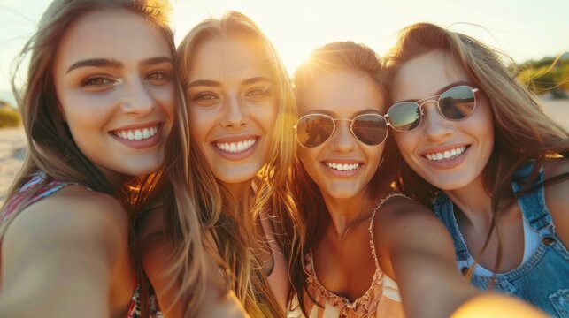 A Group Of Smiling Girls Took A Funny Selfie Outdoors At Sunset, Capturing Moments Of Joy And Friendship,High Resolution
