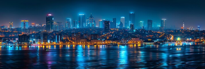 Landscape of Istanbul at night.View of lights business district from sea, Turkey realistic nature and landscape