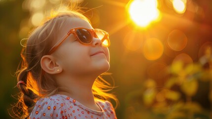 A Happy Little Girl With Big Sunglasses Looked At The Sun, Her Curiosity Piqued By The Natural World,High Resolution