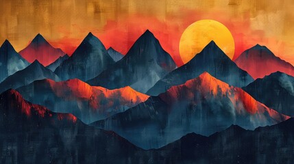 Abstract mountain illustration, geometric shapes, bold color blocks, modern art