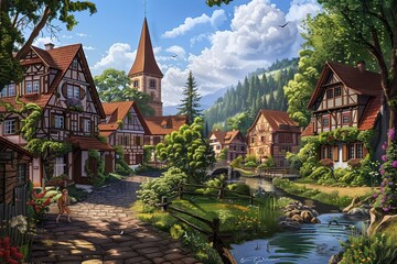 A painting depicting a quaint village nestled in the countryside, showcasing traditional houses, trees, and a winding road. Generative AI