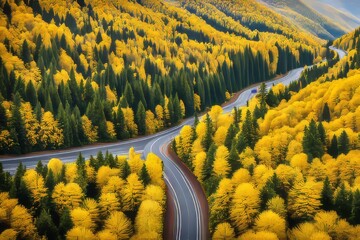 beautiful curve road on autumn forest AI generated