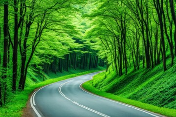 beautiful curve road on green forest AI generated