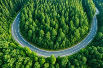 beautiful curve road on green forest AI generated