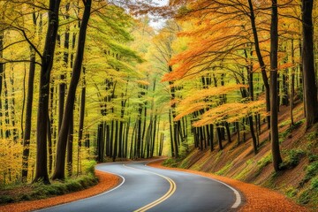 beautiful curve road on autumn forest AI generated
