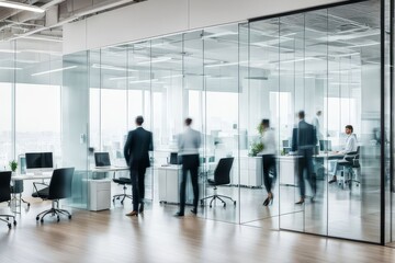 bright blurred office with people working behind glass wall AI generated