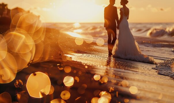 Wedding photo at sunset by the beach